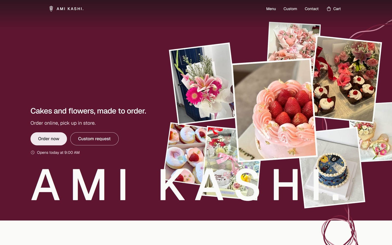 Ami Kashi home page: cakes and flowers, made to order, with Order now and Custom request buttons