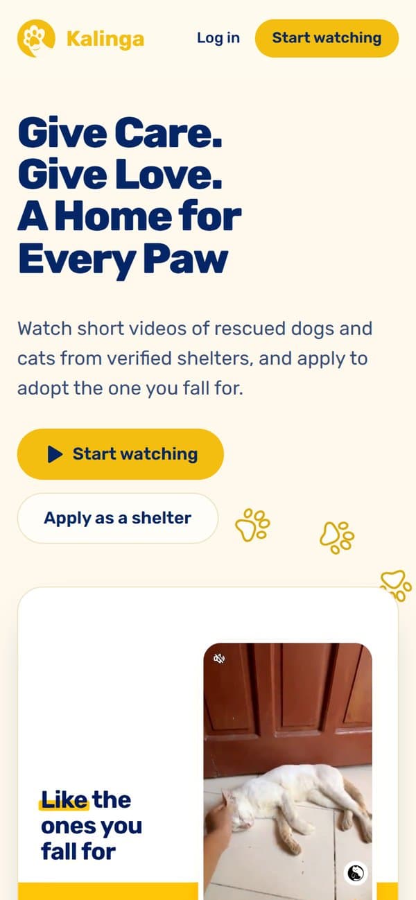 Kalinga on a phone, with Start watching and Apply as a shelter buttons